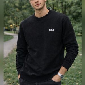 Obey Black Crewneck Sweater Size M Cotton Blend Streetwear Minimalist Logo